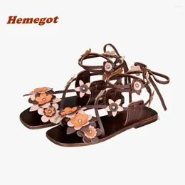 Casual Shoes Flower Cross Strappy Flat Sandals Low Heels Open Toe Leather Lace Up Women's Slingback Brown Party Wedding 2024