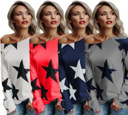 Summer Fashion Women Street Style Long Sleeved T Shirt Printed Sloping Shoulder Tshirt Stars Cotton Tops S3XL8848238