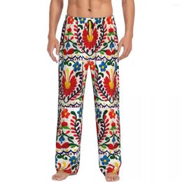 Men's Sleepwear Custom Mexican Flowers Embroidery Pyjama Pants Men Elastic Waistband Sleep Lounge Bottoms With Pockets