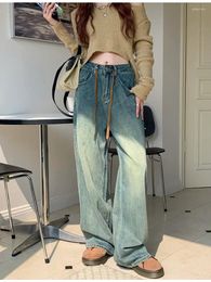 Women's Jeans HOUZHOU Vintage Streewear Drawstring Baggy Women Korean Style Retro Oversize Wide Leg Denim Pants Y2k Mopping Trousers
