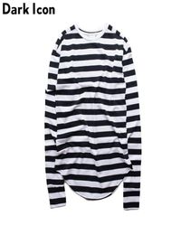 Knitted Striped Hip Hop TShirt Men Long Sleeve Wrist Hole Spring Basic Extended Urban Tshirt Men Curved Hem Kpop Tee Shirt Trend7664268