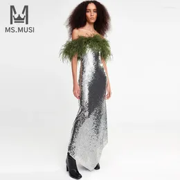 Casual Dresses MSMUSI 2024 Fashion Women Sexy Off The Shoulder Feather Sequins Sleeveless Backless Bodycon Party Club Maxi Dress Long Gown