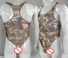 Mens Thong Back Bodysuit Stretchy High Cut Racer Back G1280 Camo Print Mesh Cthru See Through9083448