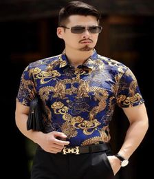 Short Sleeve Silk Shirts Mens Dragon Dress Shirts Men Business Casual Shirt Black And Blue Luxury Slim Fit Velvet Shirt2525356