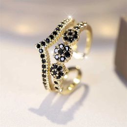 Band Rings Retro Black Zircon OpenRMulticolor Crystal Small Stone Engagement Ring Womens Retro Gold Wedding Ring Gift J240516