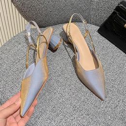 Dress Shoes 2024Summer Pointed Toe Silk Pumps Women Back Strap Buckle Thick Heels Sandals Woman Shallow Mouth Party Ladies