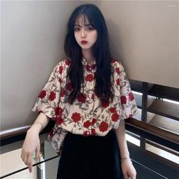Women's Blouses Red Rose Women Flower Blouse Classic Button Up Turn-down Collar Hawaii Shirt Spring Summer Tunic Tops