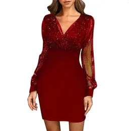 Casual Dresses Glitter Sequins Mesh Patchwork For Women Sexy V Neck Bodycon Pencil Dress Elegant Office Ladies Party Formal Robe