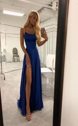 Party Events Royal Blue Long Prom Dresses Simple A Line Cheap Prom Gown High Slit Spaghetti Straps Cross Back Evening Dress2133494