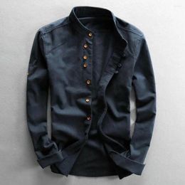 Men's Casual Shirts Summer Long Sleeved Shirt Cotton Linen Retro Solid Color Soft Cardigan Button-up Men Top