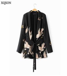 2017 Summer Bird Print Black Blazer Jackets Women Cool Slim Ladies Jacket With Belt Coat Blazer Casual Outwear7351394