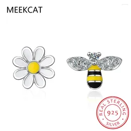 Stud Earrings Lovely Asymmetric Bee Sun Flower Zircon For Women Girl 925 Sterling Silver Boucle D'oreille S-E644