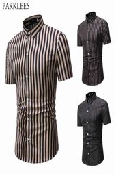 Men039s Casual Shirts Vertical Stripes For Men Fashion Splice Short Sleeve Shirt Lapel Button Down Dress Business Chemise9908026