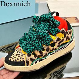 Casual Shoes Retro Leopard Pattern Thick Sole Sneakers Genuine Leather Lacing Spring Autumn Daily Walking Unisex 2024