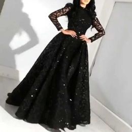 Runway Dresses Luxury Sequined Women Black Prom Dress Elegant Puff Long Slves Cocktail Dresses Fashion Floor Strip Arab Dubai Evening Dresses T240518