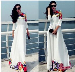 2017 Long Women Party Dresses White Floral Print Maxi Boho Beach Dress Plus Size Robe Casual Vestido Longo Ropa Mujer8848999