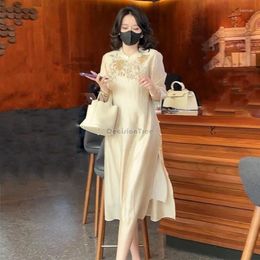 Ethnic Clothing 2024 Chinese Style Vintage Improved Cheongsam Exquisite Embroidery Elegant Daily Split Qipao Dress Loose Soft Chiffon Robe