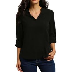 2019 New Fashion Women Long Sleeve Chiffon V Neck T Shirt Autumn Sexy Work Casual Tops Womens Plus Size Tee Solid Black White7731667
