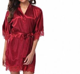 women039s Sleepwear Women Robes Silk Satin Sexy Soft Comfortable Ladies Kimono Robe Half Sleeve V Neck Lace u8QG18103821443632