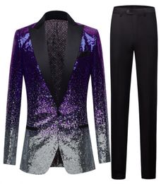 Men039s Stylish Black Blue Violet Two Colour Sequins Slim Fit Shiny Blazers Party Prom Stage DJ Singers Suit Jacket Costume Blaz8415189