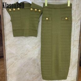 Work Dresses 4.22 KlasonBell Arrival Gold Button Design 2 Piece Knit Set Sleeveless Short Tank Top Elastic Waist Skirt Women