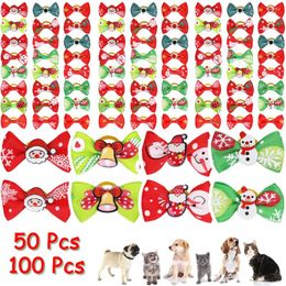 Dog Apparel 50/100 Pcs Christmas Pet Bows Hair With Santa Claus Rubber Accessories Holiday Party Cotton Dogs Grooming