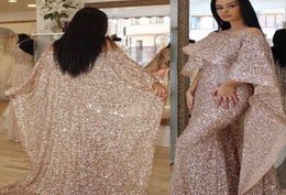 Cheap Bling Rose Gold Sequined Mermaid Prom Dresses Illusion Neck Long Cape Ruffles Arabic Middle East Custom Plus Size Evening Go6503103