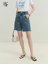 FSLE Retro Denim Blue Women Shorts Summer Five Point High Waist Straight Pants Frayedtrimmed Cotton 240518