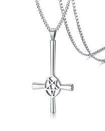 Large Silver Inverted Cross Occult Pentagram Necklace in Stainless Steel Satanic Gothic Satan Jewelry5631340