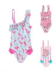 Cartoon Kids Onepiece Swimsuits Flamingo Watermelon Pineapple Print Cute Lovely Baby Skew Collar Swimwear Girl Bathing Suit TTA761493553