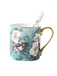 Mugs European Cuckoo Bone China Coffee Mug Whit Spoon High-grade Hand Painted Outline In Gold Ceramic Breakfast Cup