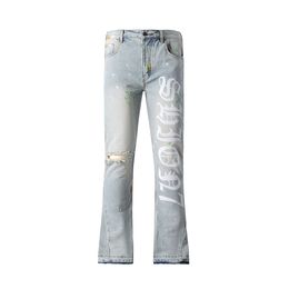 Wholesale 2024 Latest Men's Streetwear Stacked Jeans Vintage Blue Relaxed Jeans Ripped On Knee Denim Pants With Hand Paint Casual Bell Bottom Baggy Jeans