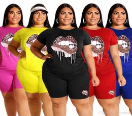 Women Plus Sizes Tracksuits Two Pieces Set Outfits Designer Fashion Lip Print Short Sleeved Loose T Shirt Shorts Ladies Summer C7615622