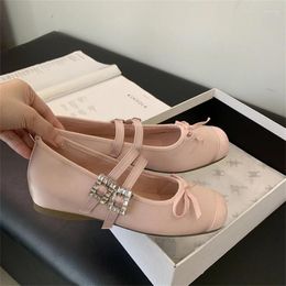 Casual Shoes Bow Crystal Women Marie Janes Ballet Dance Sandals Elegant Summer Low Heels 2024 Dress Shallow Square Toe Mujer Zapatos