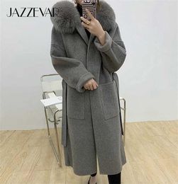 JAZZEVAR winter Casual Women long Real Fur jacket Cashmere double faced Wool Outerwear Ladies oversized hooded coats 2110278968798