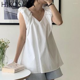 Women's Blouses Korean Summer Fresh Sweet Pullover Blouse V-neck Pleated Flying Sleeve Shirts Lady Top 2024 Chic Elegant Blusas Mujer