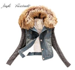 Whole Casaco Feminino Winter Women Fashion Denim Jacket Movable Furs Collar Wool Coat Bomber Jacket Jean Women Basic Coats7570747