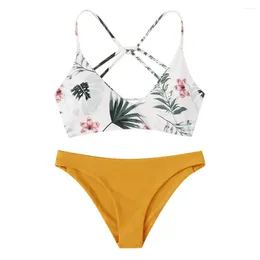 Women's Swimwear Summer Two Pieces Bikinis Sets Female Floral Print Chest Pad Beachwear Brazilian Bathers Swimming Suit Women Tankinis