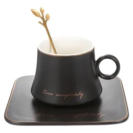 Cups Saucers 1 Set Of Ceramic Tea Mug Coffee Cup European Style With Spoon Saucer (Black)
