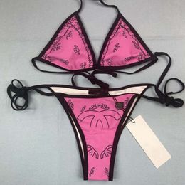 fashion beach bikini designer swimwear letter graphic print sexy halter backless neckline swimsuit two piece set
