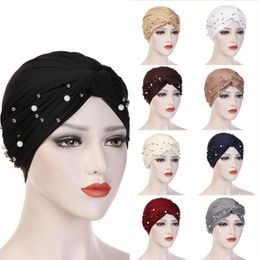 Women Elastic Turban Muslim Hijab Islamic India Caps Beads Pearl Bandanas Ladies Hijab Scarf Headwraps Hair Accessories2315176