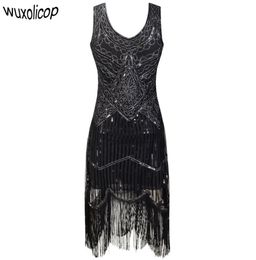 Women Party Dress Robe Femme 1920s Great Gatsby Flapper Sequin Fringe Midi Dress Vestido Summer Art Deco Retro Black Dress Y1901176324084