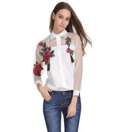 The explosion Rose Embroidery blouse summer white shirt sleeved mesh stitching sunscreen3139305