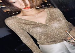 Women039s Knits Tees Cakucool Korean V Neck Single Breasted Cardigans Women Slim Casual Gold Shiny Lurex Basic Knit Coat Swea9566983
