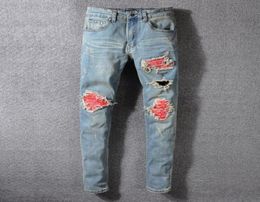 Mens Plated Ripped Blue Skinny Jeans Fashion Designer Distressed Slim Fit Motorcycle Biker Hole Beggar Hip Hop Denim Pants 5521274293