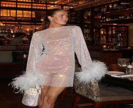 Casual Dresses Hirigin Sexy Feather Mesh See Through Long Sleeve Party Dress Female Sparkle Elegant Mini Summer For Women Night Cl2334576