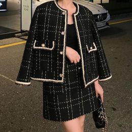 Autumn Elegant Black Plaid Woolen Tweed Jacket Coat Mini Skirt Set Office Women Two Piece Outfits Tracksuit 240516