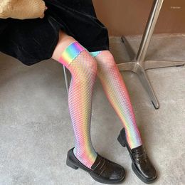 Women Socks Summer Mesh Thin Fishnet Stockings Colourful Rainbow JK Over Knee Hollow Long Sock Striped Cosplay Costume