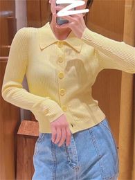 Women's Knits 2024 Knit Cardigan Pit Striped Slim Turn-Down Collar Yellow Or White Single-Breasted Lady Long-Sleeved Sweater