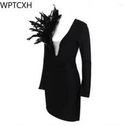 Casual Dresses 2024 Female Selling Furs Long Sleeve Mini Lady Elegant Luxury Prom Black Cocktail Party Dress Pretty Feathers